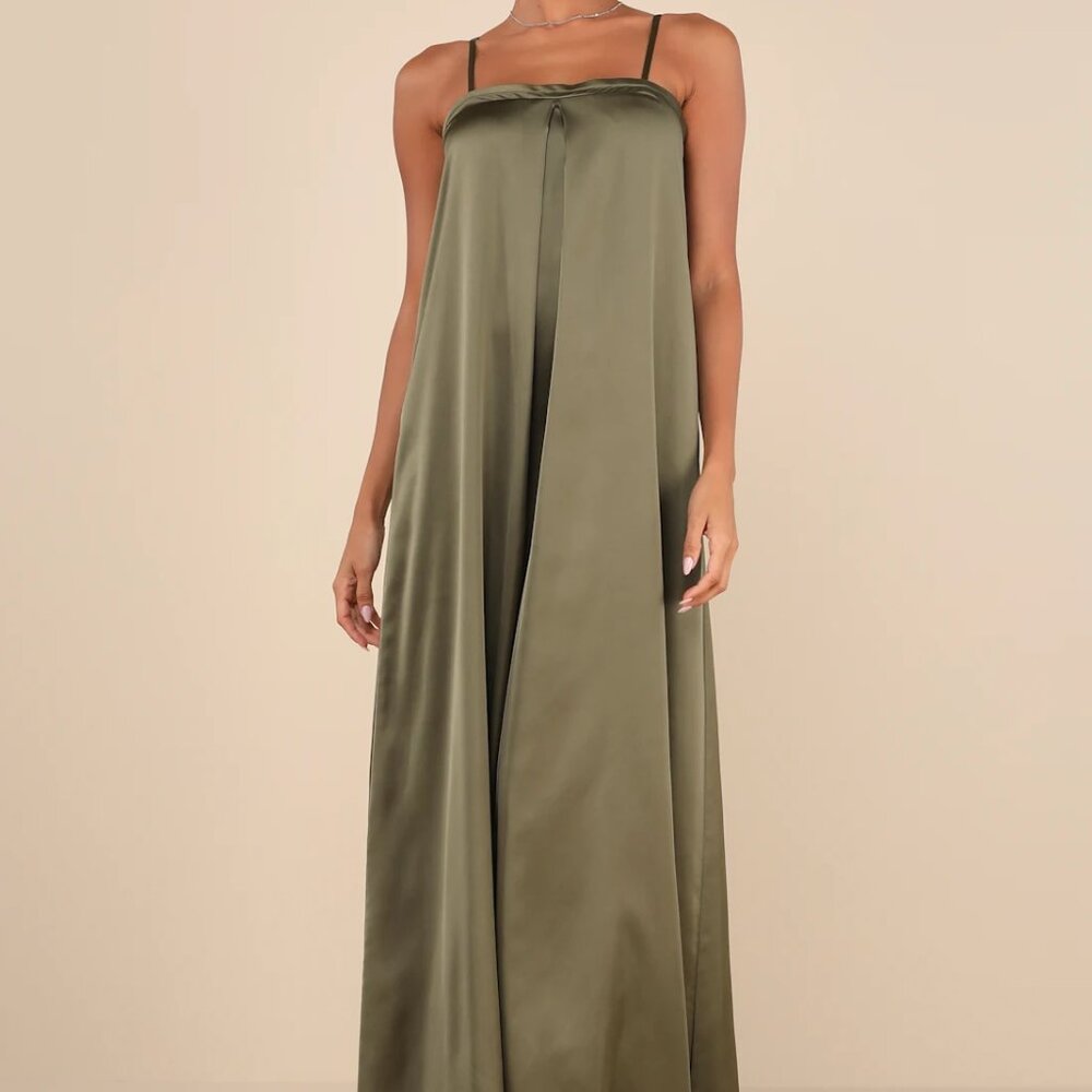 Modern Poise Olive Green Satin Pleated Sleeveless Maxi Dress